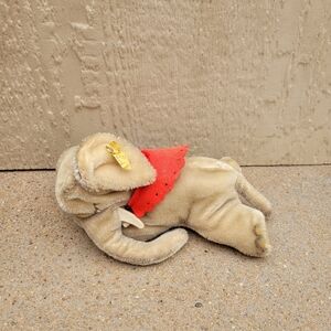 Vintage Steiff  Baby Elephant Sleeping Red Felt Cape Ear Tag 6" 5537/17